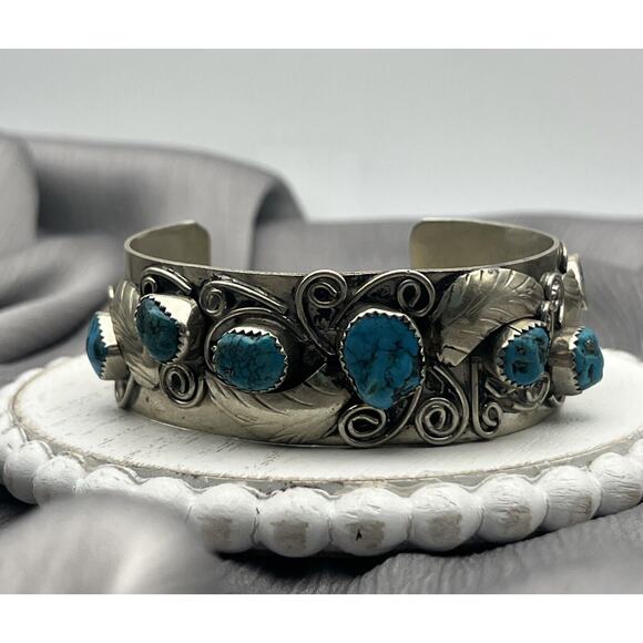 Native American Jewelry - Vintage Navajo Turquoise Sterling Cuff Bracelet